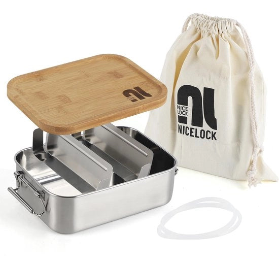 Bentobox in acciaio inossidabile con coperchio in bambù 1200ml | Bentobox con scomparti | Bentobox ecologica | Bentobox con distributori | Bentobox con coperchio in legno (disegno di coperchio rotante)