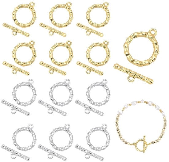 Toggle-sluitingen in acciaio 18 K verguld, 12 pezzi, 2 colori, con connettore OT e stanghia di collegamento, per l'artigianato e la creazione di accessori per gioielli, collane.