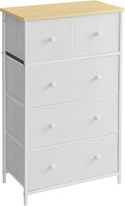 SONGMICS Cassettiera, Mobiletto con 5 Cassetti in Tessuto, Piano e Fronte in Truciolato, Credenza, Camera da Letto Soggiorno Ingresso Cameretta, Bianco e Rovere LTS514W57