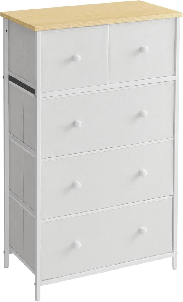 SONGMICS Cassettiera, Mobiletto con 5 Cassetti in Tessuto, Piano e Fronte in Truciolato, Credenza, Camera da Letto Soggiorno Ingresso Cameretta, Bianco e Rovere LTS514W57
