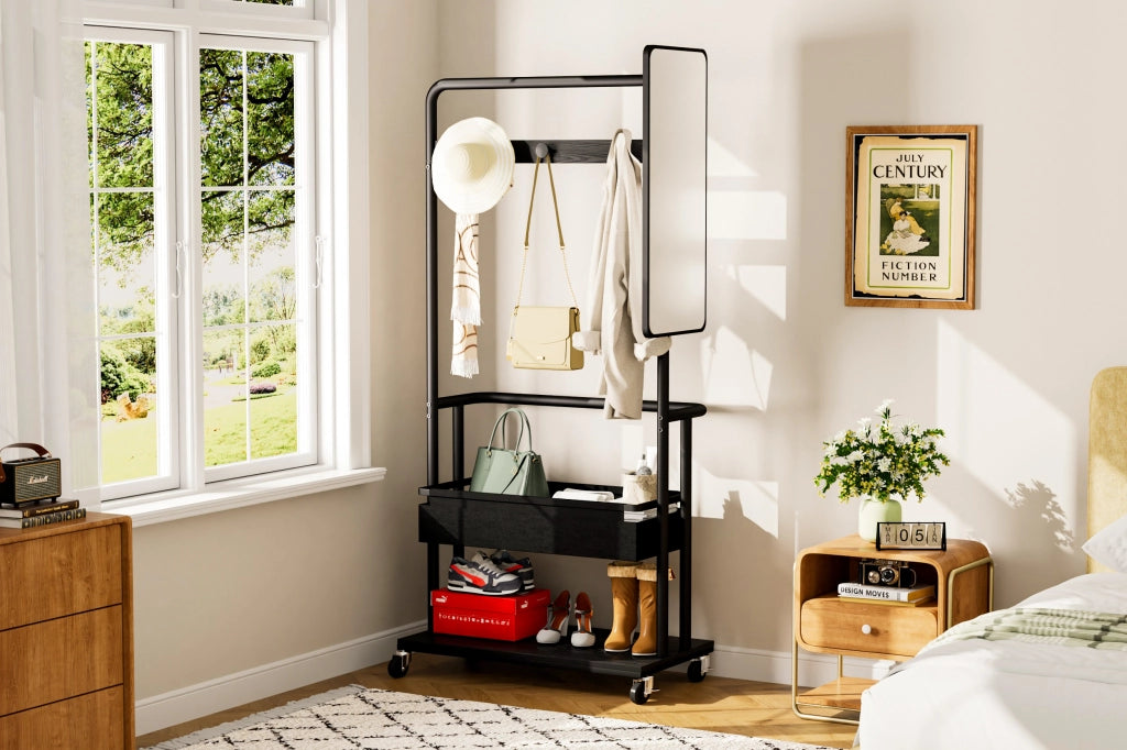 Scaffale multifunzionale 3 in 1 con specchio, tasca in tessuto e ruote per corridoio e camera da letto, in acciaio nero