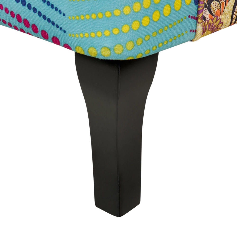 Poltrona Wingback Poltrona Patchwork Tessuto Multicolore base blu Gambe in Legno capitonné