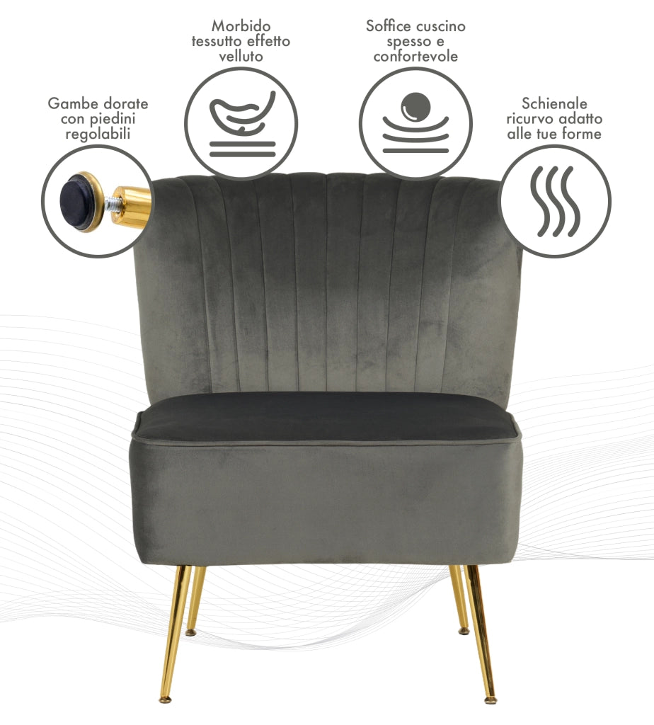 Poltrona Moderna Stile Scandinavo Comoda Rivestita In Velluto Poltroncina Da Camera Con Gambe Oro Sedia Per Ingresso Ufficio Casa Lavoro Divano Singolo Relax  - Grigio Scuro