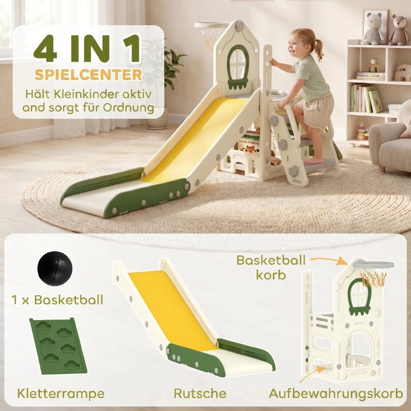 Scivolo pieghevole 4-in-1 per bambini con arrampicata, canestro e cestino portaoggetti, bianco crema