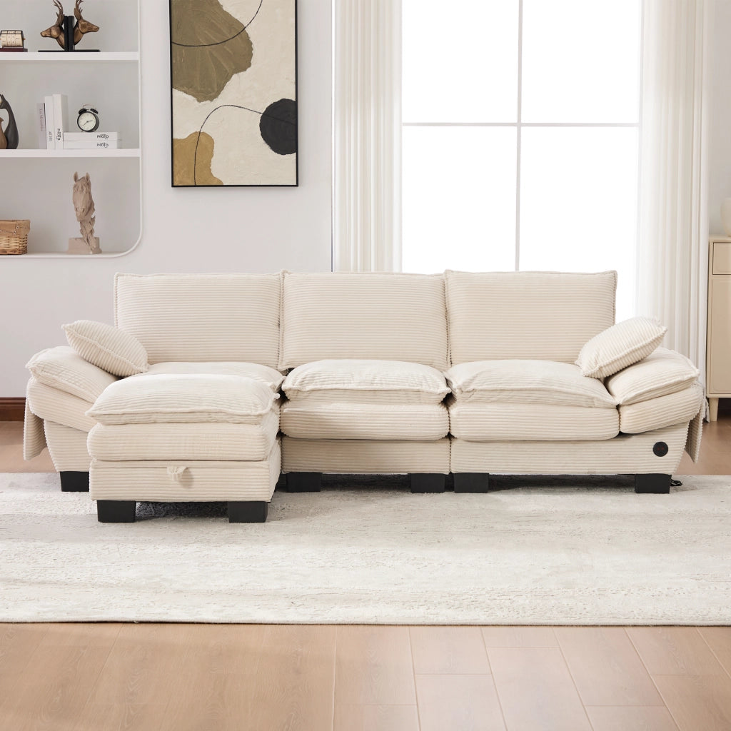 Divano modulare a 3 posti in velluto a coste con pouf seduta ergonomica USB-C e tasche laterali beige