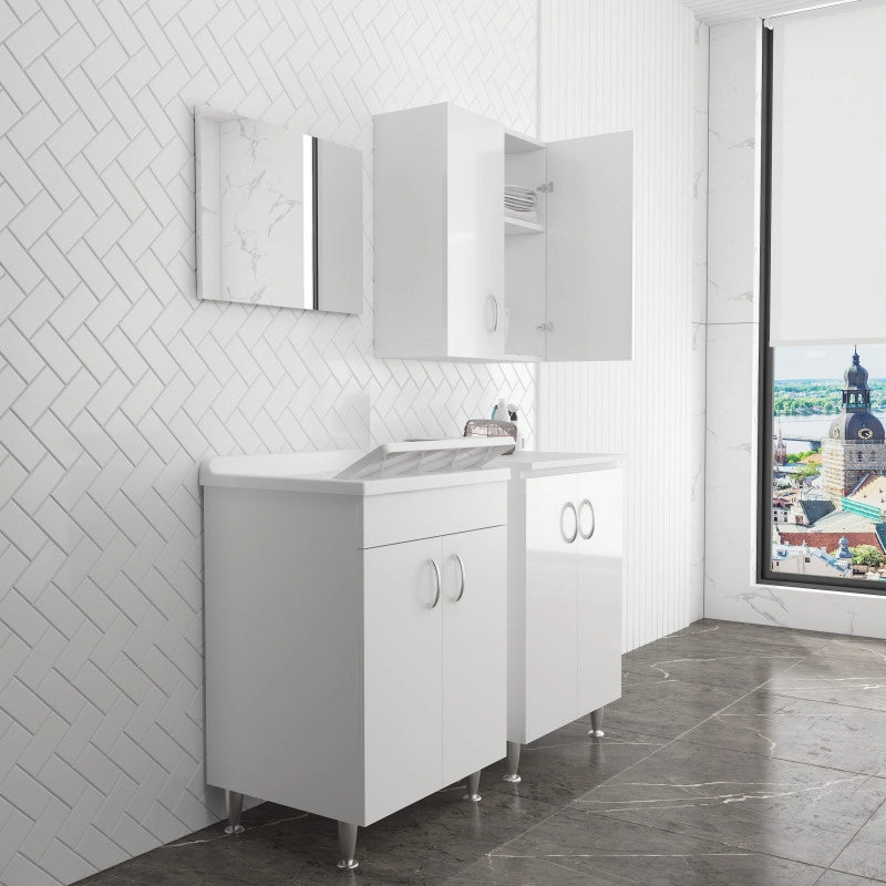 Mobile lavanderia con lavatoio in nobilitato idrofugo 60x50, base 2 ante, pensile e specchio 45x60  Bianco  Negrari