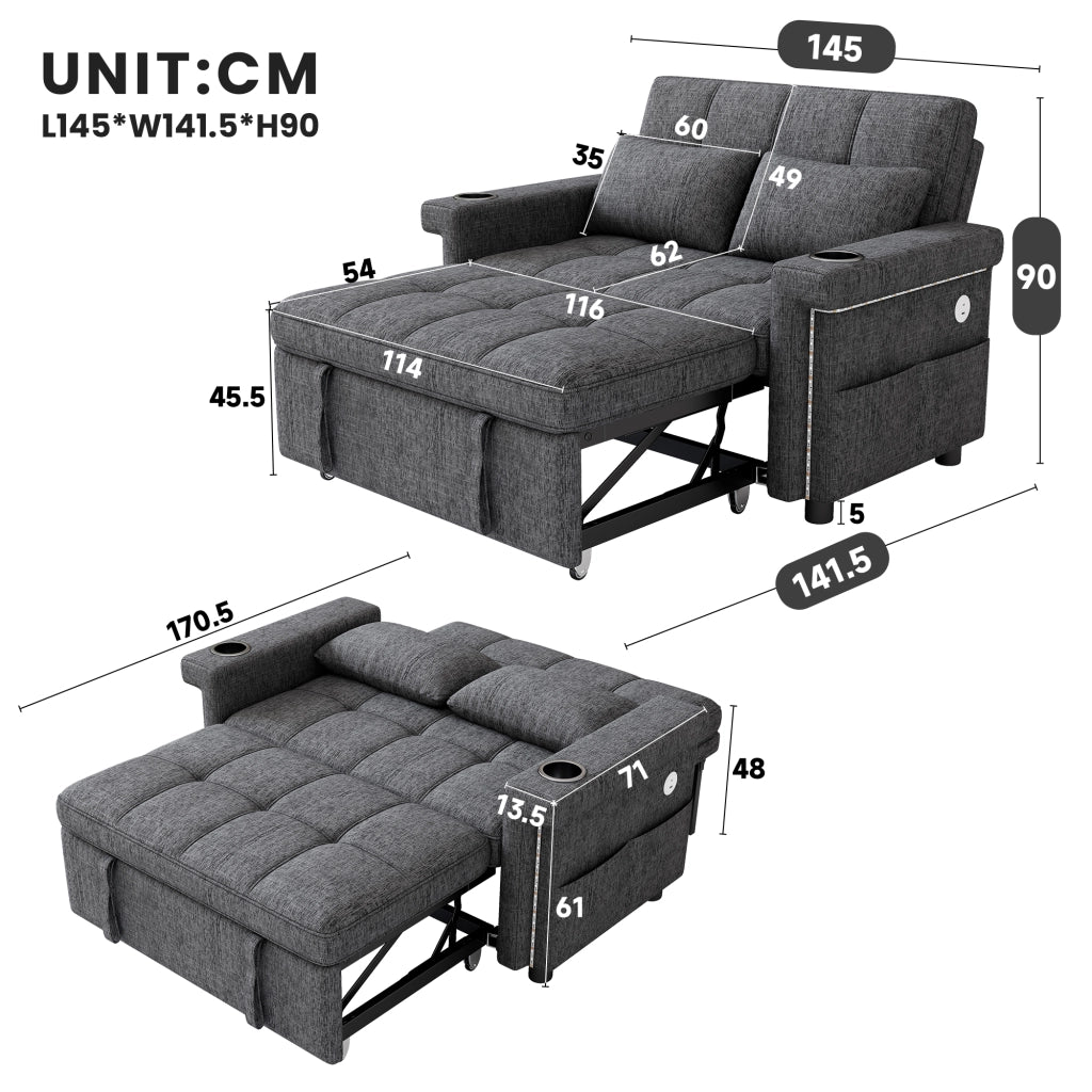 Divano letto 2 posti - con schienale regolabile; LED; USB e portabevande - in chenille grigio