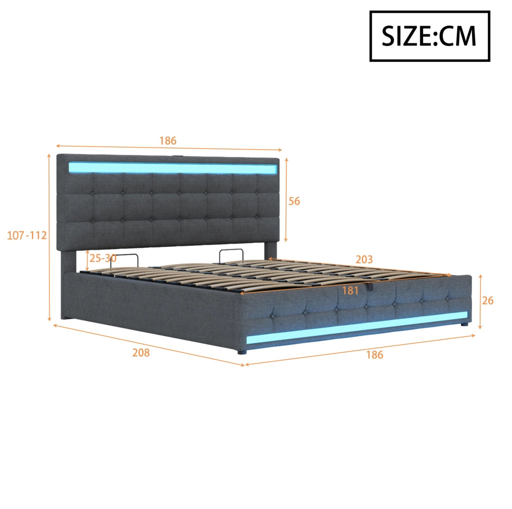 Letto imbottito 180x200 cm grigio con LED RGB, USB e testiera regolabile