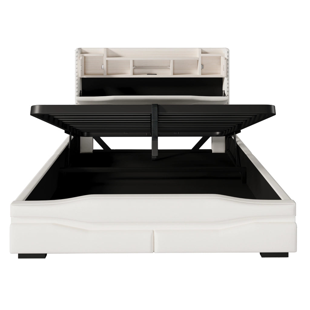 Letto matrimoniale 160x200 cm, con prese di ricarica, luci a LED, vano portaoggetti, beige