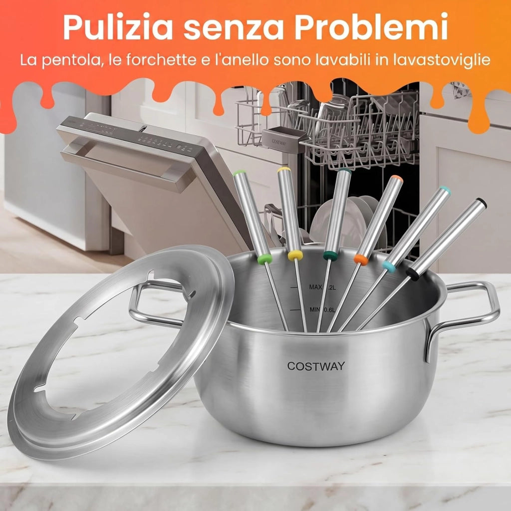 COSTWAY 1200W Set Fonduta Elettrica, in Acciaio Inox con Pentola da 2,3L, Base Riscaldante, 6 Forchette, per Formaggio Cioccolato, Temperatura Regolabile e Protezione dal Surriscaldamento