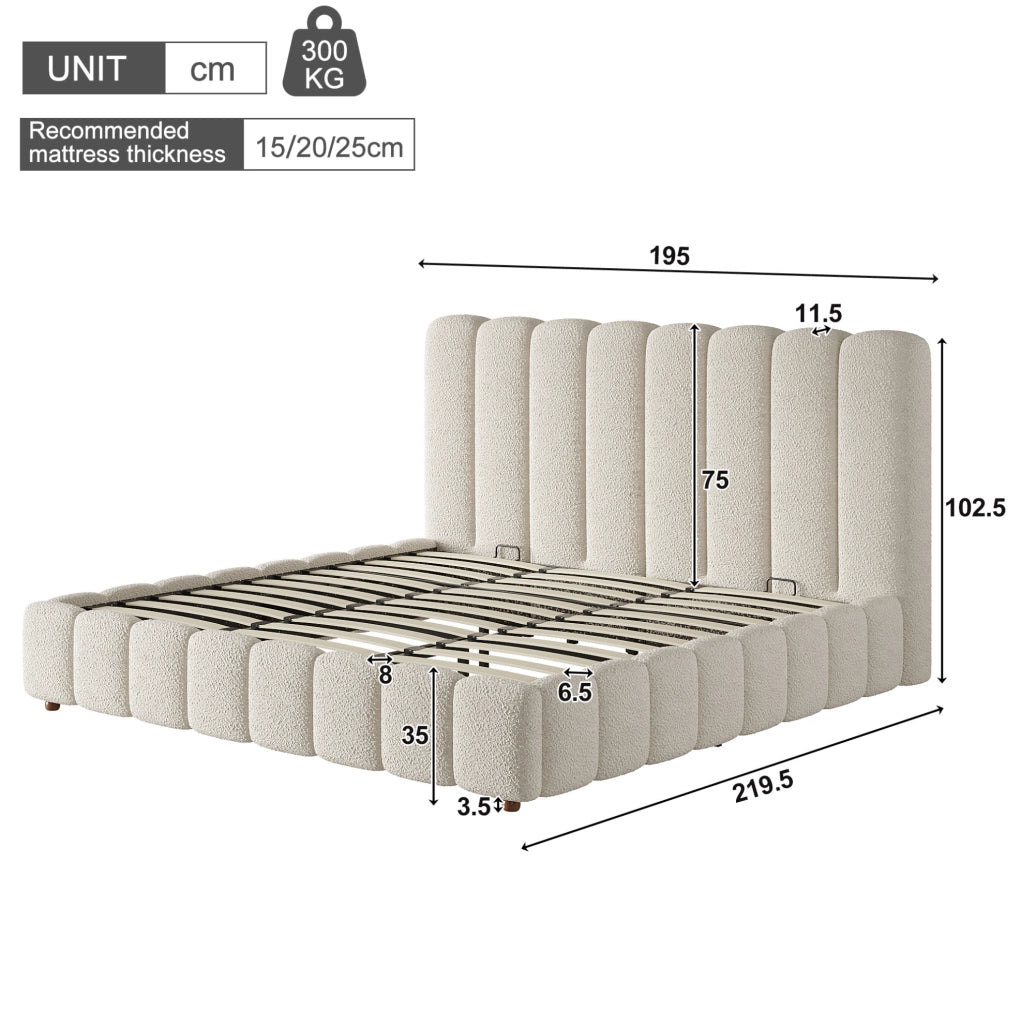 Letto matrimoniale imbottito con contenitore idraulico; rivestimento in bouclé bianco