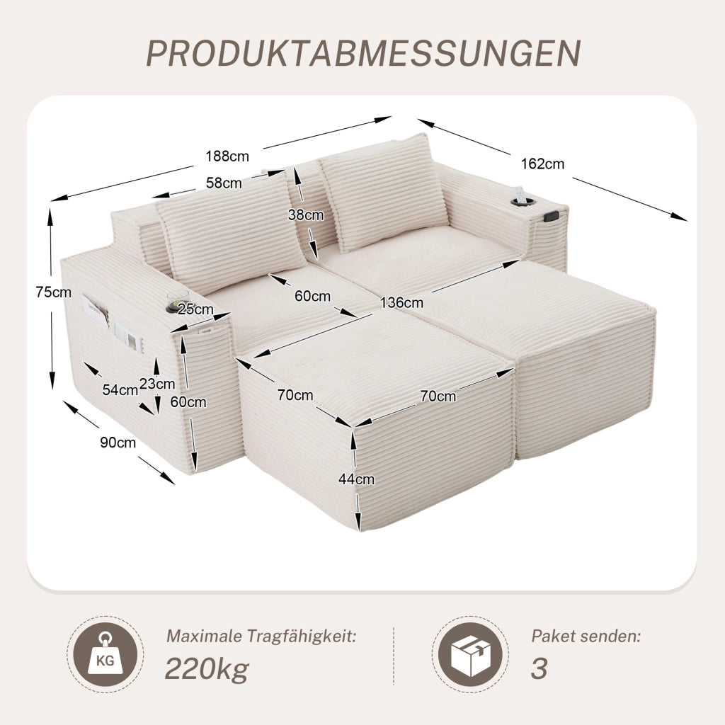 Divano Modulare 2 Posti in Tessuto a Coste con Portabicchieri e Tasche Laterali, Beige