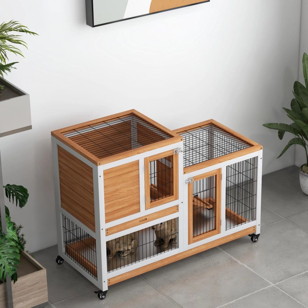 Gabbia per Conigli a 2 Livelli in Legno con Ruote, Rampa e Vassoietti Estraibili ¨C zephmum ¨C Naturale 110x50x88cm