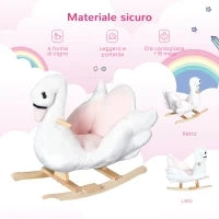 Cavallo a Dondolo a Forma di Cigno con Musica, Cavalluccio a Dondolo con Struttura in Metallo e Legno, Rivestimento Peluche, 60x32x55cm, Bianco