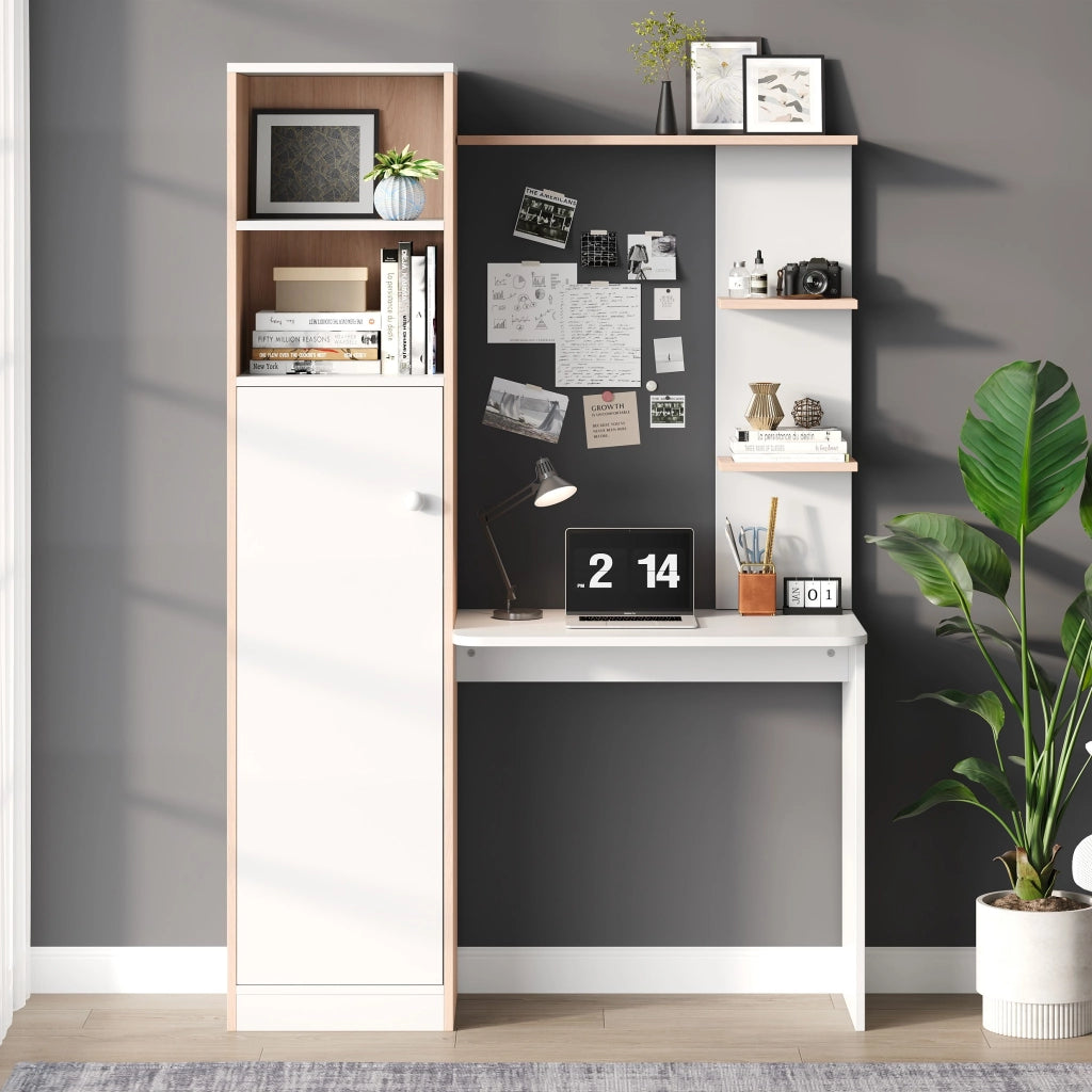Scrivania con contenitore e scaffalature aperte, design moderno bianco e effetto legno, 123,5x45x168,5 cm