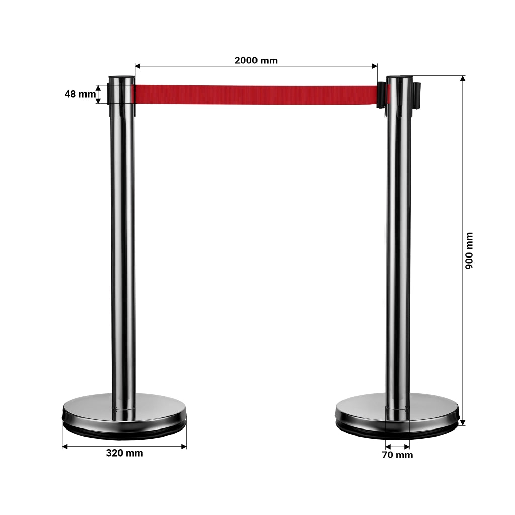 Colonnine tendinastro 320 x 70 x 900 mm, Set 2 paletti delimitatori in acciaio inox con nastro rosso