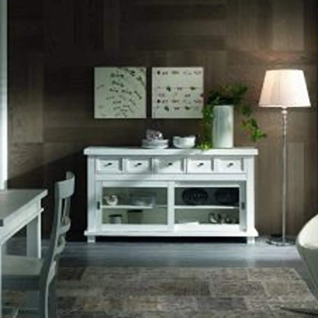 Credenza madia buffet in legno massiccio porte scorrevoli mod Isabel Shabby chic bianco