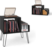 Supporto per Giradischi con Stazione di Ricarica, Porta Dischi Vinile Vintege con Pareti Divisorie e Ripiano Laterale, Espositore per Dischi in Vinile Fino a 145 Album, 66x45x67cm (Nero)