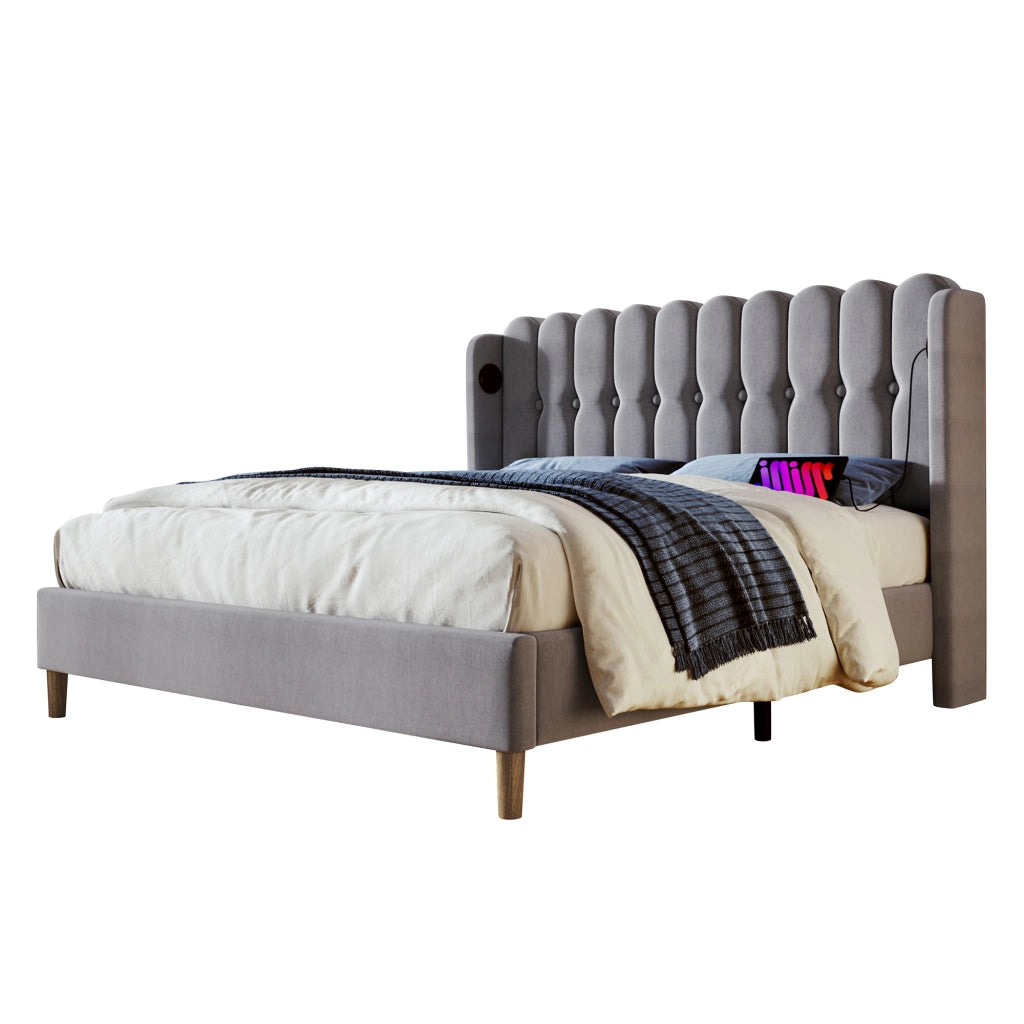 OKWISH Letto Matrimoniale con USB, Tipo C e Testiera Imbottita 160 x 200 cm, Materasso Incluso, Grigio