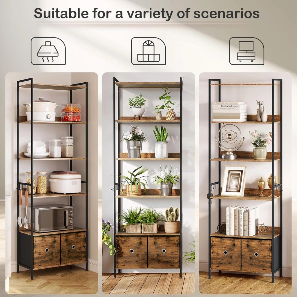Libreria a 5 Piani con 2 Cassetti, Scaffale di Stoccaggio a Pavimento, Industriale, Struttura in Acciaio, Soggiorno/Ufficio/Studio/Cucina/Camera da Letto, Marrone Rustico+Nero, RGB62vbn