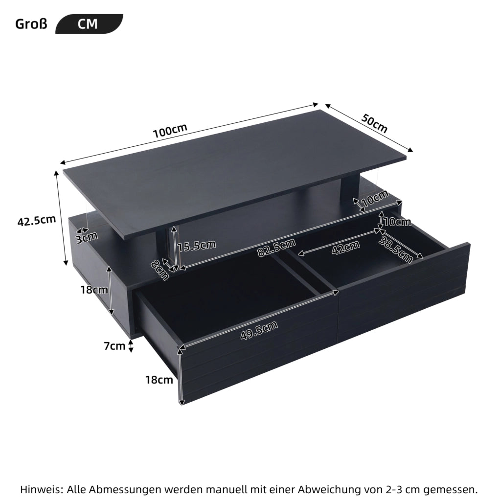 Tavolino da caffè LED nero in acrilico 100×50×42 cm con 2 cassetti