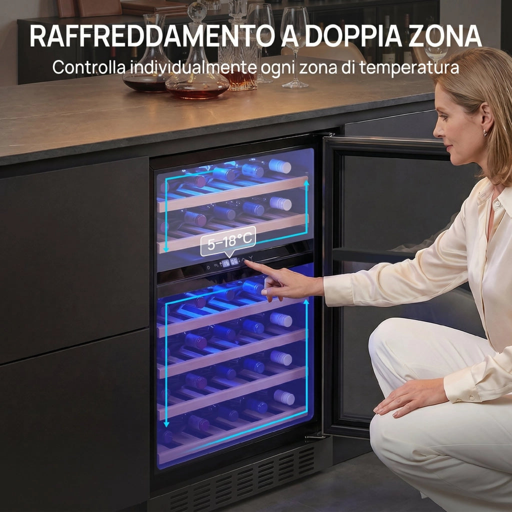 Cantinetta Vino Doppia Temperatura 5¨C18 ¡ãC 46 Bottiglie 131L con Porta in Vetro Temperato Triplo. Nero