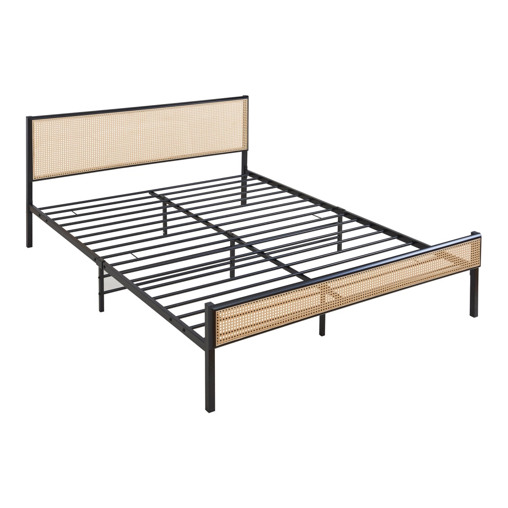 Letto Matrimoniale Linköping in Metallo Nero con Materasso 160x200 cm Testiera e Pediera Effetto Rattan [en.casa]
