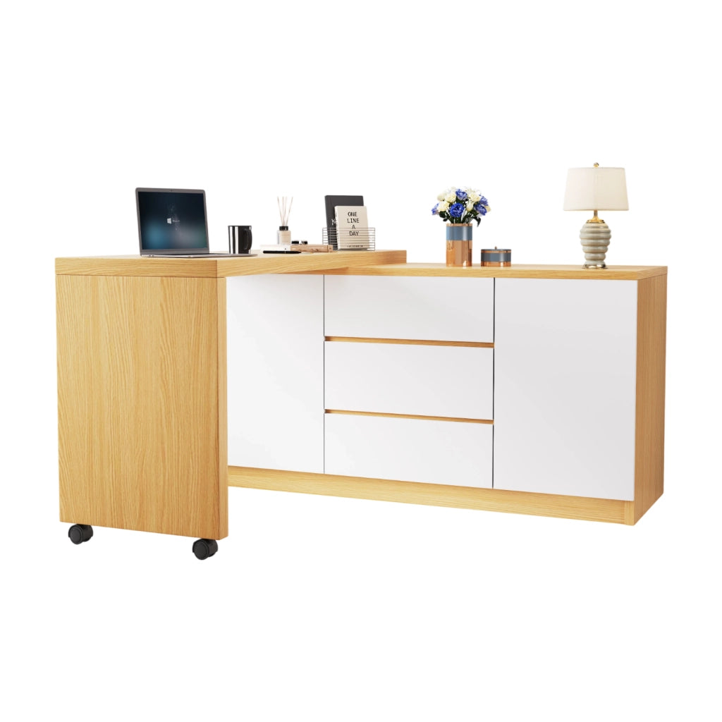 Scrivania pieghevole 120x50x76.5 cm girevole a 360°; con ruote frenanti in truciolare naturale e bianco