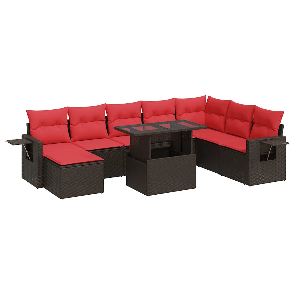 Set Divani da Giardino 9 pz con Cuscini Nero Polyrattan Acacia