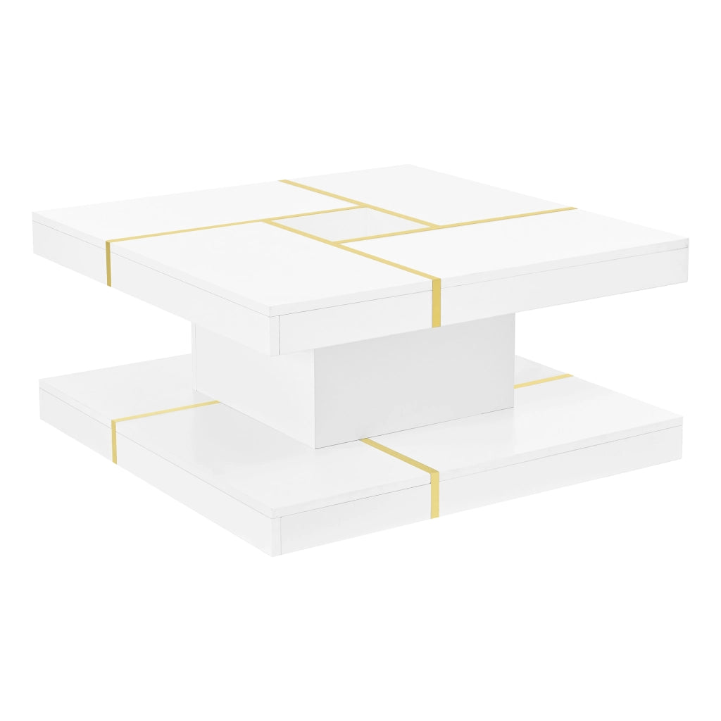 TAVOLINO Quadrato a 2 Livelli 80x80x38 cm Bianco con dettagli metallici dorati