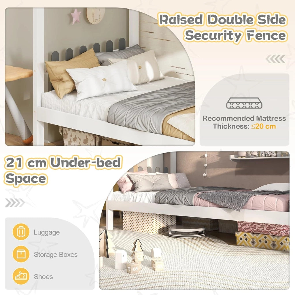 Telaio per letto a forma di casa con scrivania, letto capanna per bambini con vassoio rimovibile, cassetti, ganci, doghe in legno, per ragazzi e ragazze, nessuna rete necessaria (90 x 200 cm)