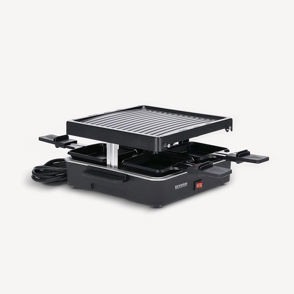 Severin rg 2370 - mini griglia per raclette con piastra antiaderente e 4 padelle, grill da tavolo per fino a 4 persone, potenza 600 w, colore: nero