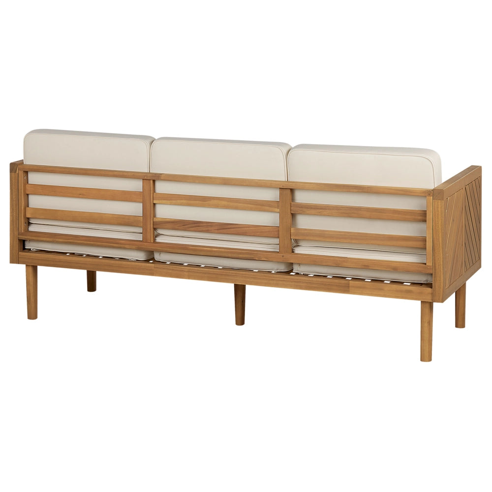 Divano da giardino in legno di acacia 3 posti beige chiaro cuscino da seduta con imbottitura a doghe design patio esterno stile moderno