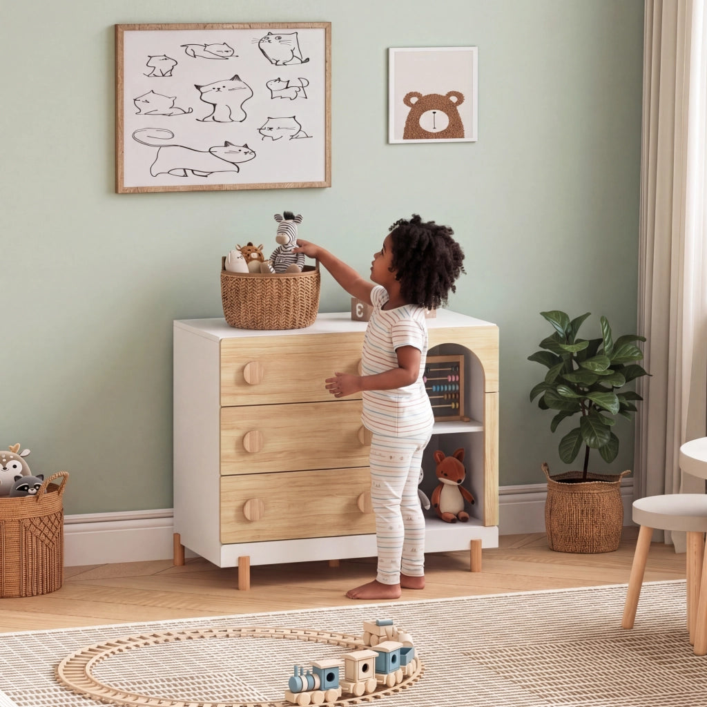 Cassettiera Vaarentaa per Cameretta con 3 Cassetti e 2 Vani Aperti 79x41x66 cm - Bianco/Effetto Rovere [en.casa]