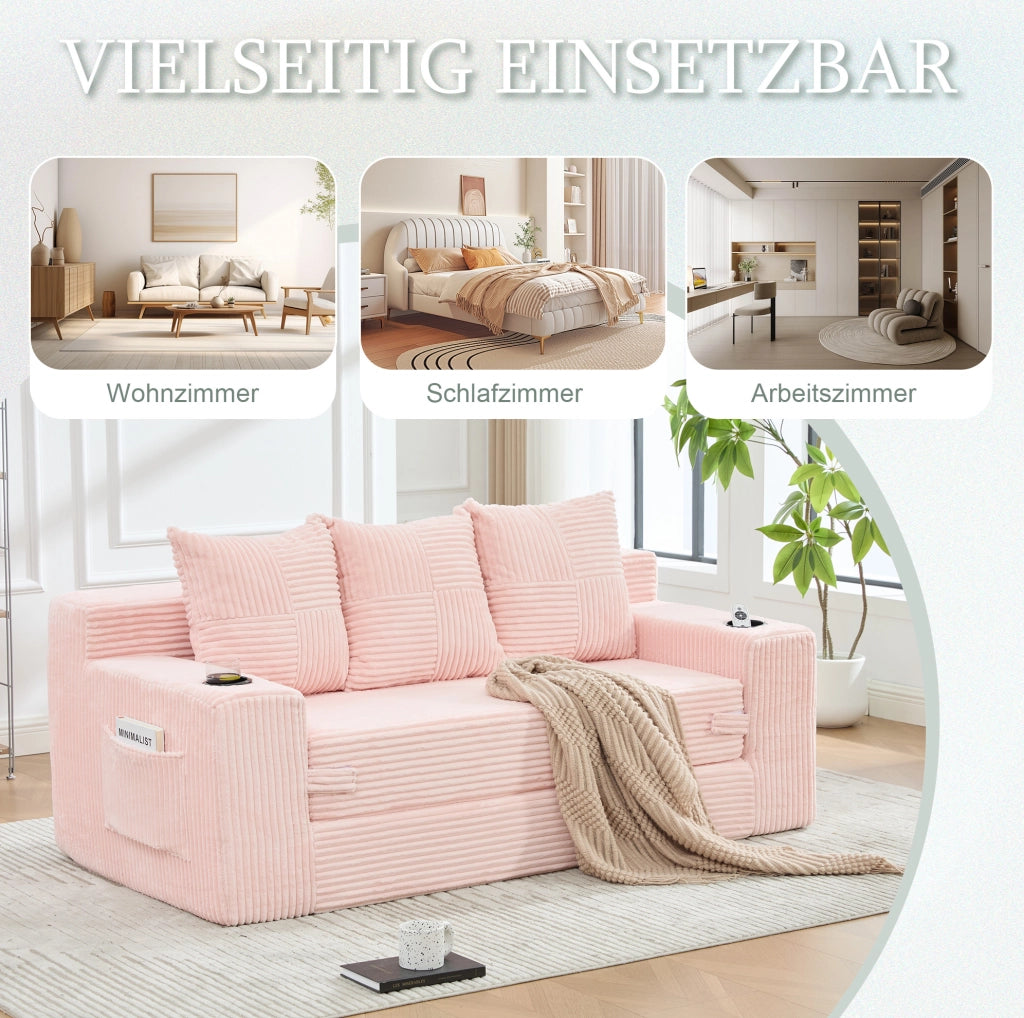 Divano modulare a 2 posti in velluto a coste rosa; 172 x 87 x 64 cm; con porta bicchieri e tasche laterali