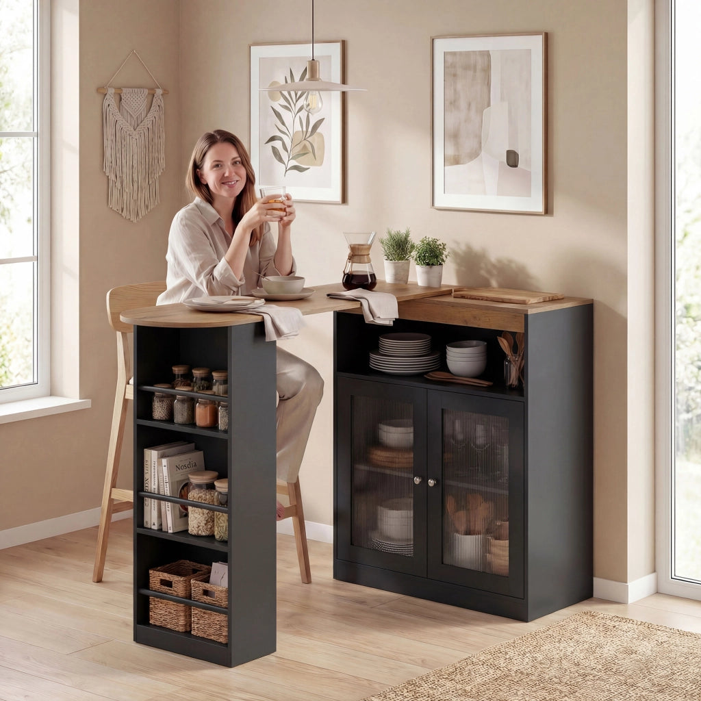 Tavolo da Pranzo Allungabile Girevole 90¡ã con Ripiani e 2 Ante in Vetro ¨C Xylo ¨C 150x80x105,5 cm Nero e Naturale