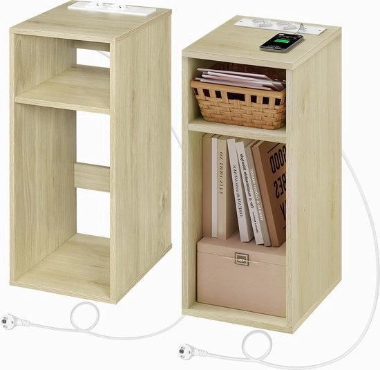 Set di 2 cassetti di servizio con porte USB e prese elettriche, cassettiera, cassettiera compatta con 2 contenitori aperti, per soggiorno, camera da letto, in legno, 25 x 30 x 60 cm, NTS06hei-2