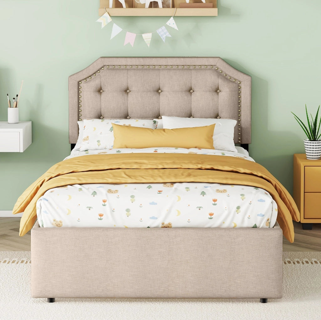 Letto imbottito 90x200 cm con cassetti; testiera regolabile; MDF; beige