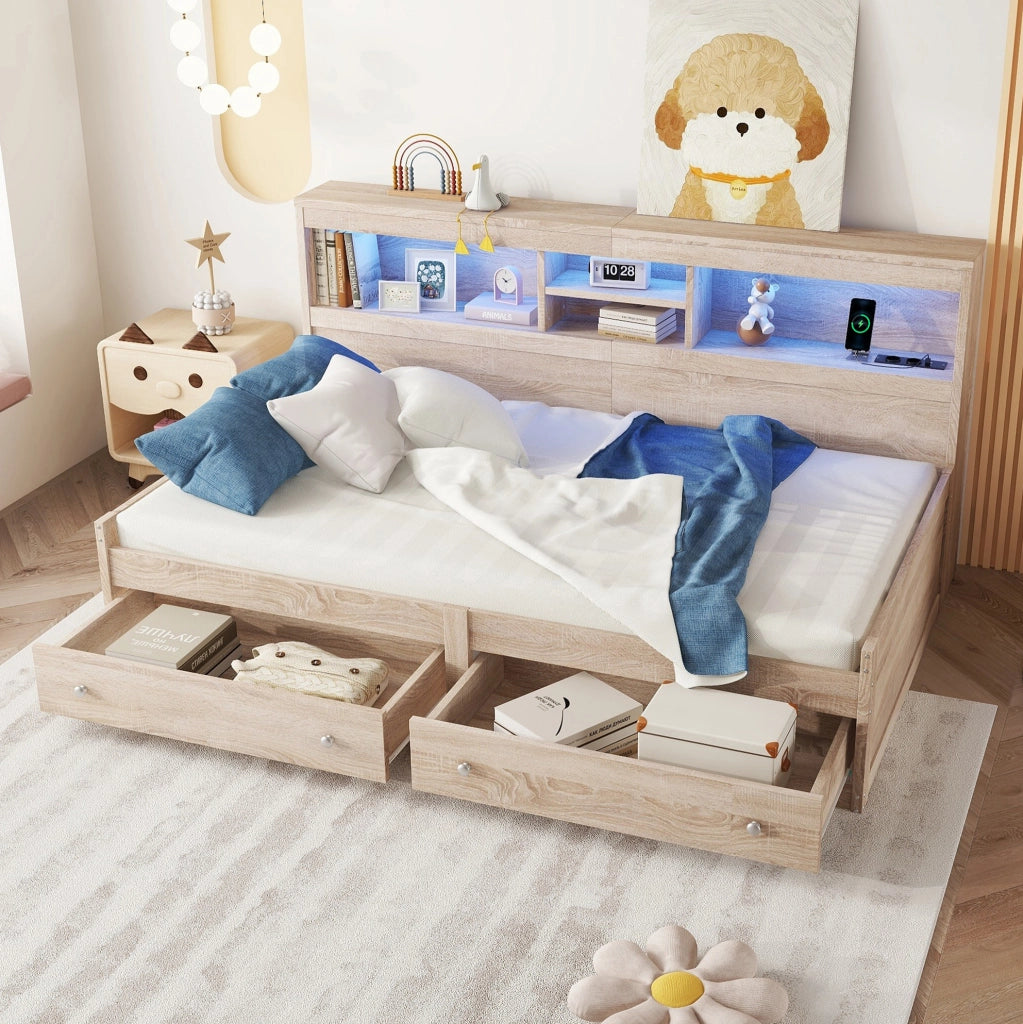 Letto singolo 90x200 con LED, USB, prese e 2 cassetti