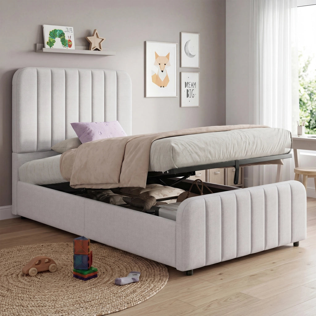 Letto imbottito singolo 90x200 cm con rete a doghe, contenitore idraulico, testiera e struttura in lino grigio
