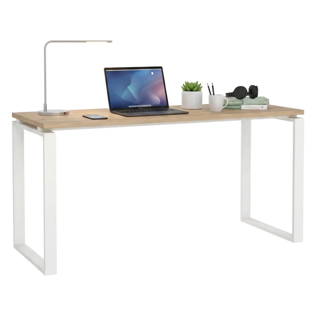 Scrivania Arignano, Scrittoio multiuso, Tavolo per ufficio porta PC, Piano di lavoro, 150x60 h76 cm, Rovere e Bianco