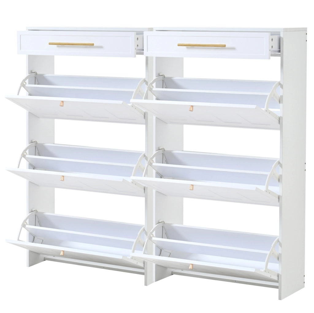 Scarpiera moderna con 12 ripiani e 2 cassetti; 140x25x123;5 cm; MDF; bianca