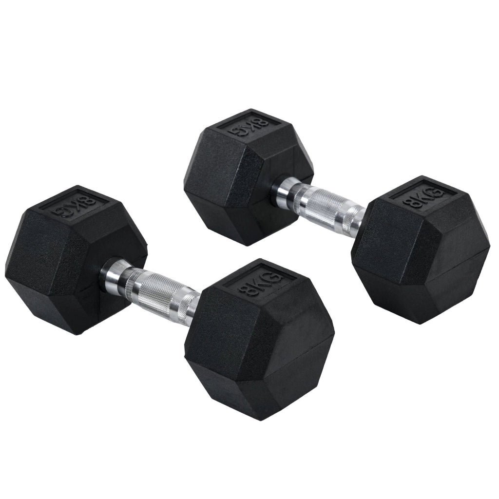 Manubri esagonali, set da 2, in ghisa, con impugnature zigrinate, set di manubri, pesi, in metallo e gomma, neri, 2 x 8 kg