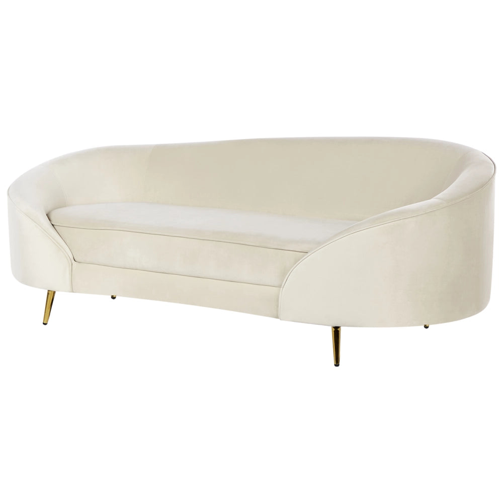 Divano velluto beige glamour curvo in stile retrò a 2 posti con gambe metallo dorato