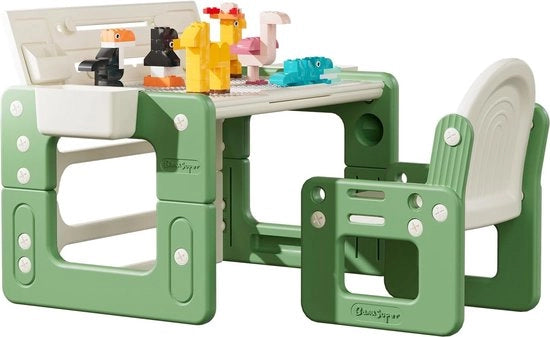 Tavolo da disegno e sedia per bambini, con mattoncini, tavolo di attività per bambini, regolabile in altezza, set di mobili multifunzionale per bambini in età prescolare (verde)