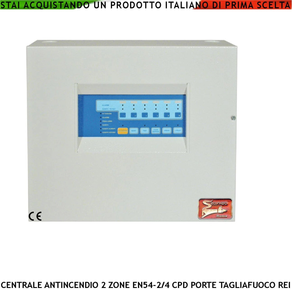 CENTRALE ANTINCENDIO 2 ZONE GESTISCE 65 SENSORI COMANDA ELETTROMAGNETI PER PORTE R.E.I ALLARME TELEFONICO SIRENE SPEGNIMENTO