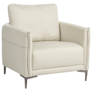 Poltrona beige chiaro imbottita in tessuto con gambe in metallo stile moderno minimalista