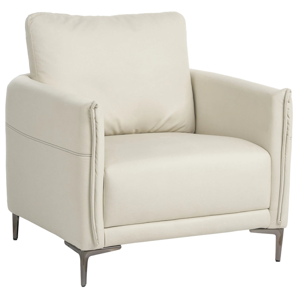 Poltrona beige chiaro imbottita in tessuto con gambe in metallo stile moderno minimalista