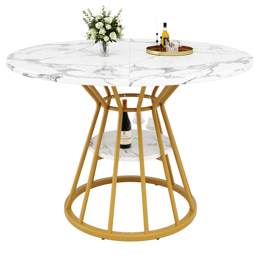 Tavolo da pranzo rotondo 100 cm con piano effetto marmo; MDF e metallo; oro