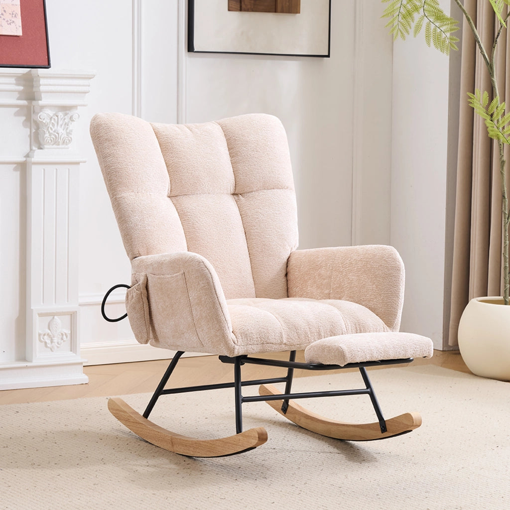 POLTRONA A DONDOLO con poggiapiedi e vano portaoggetti, Chenille Beige